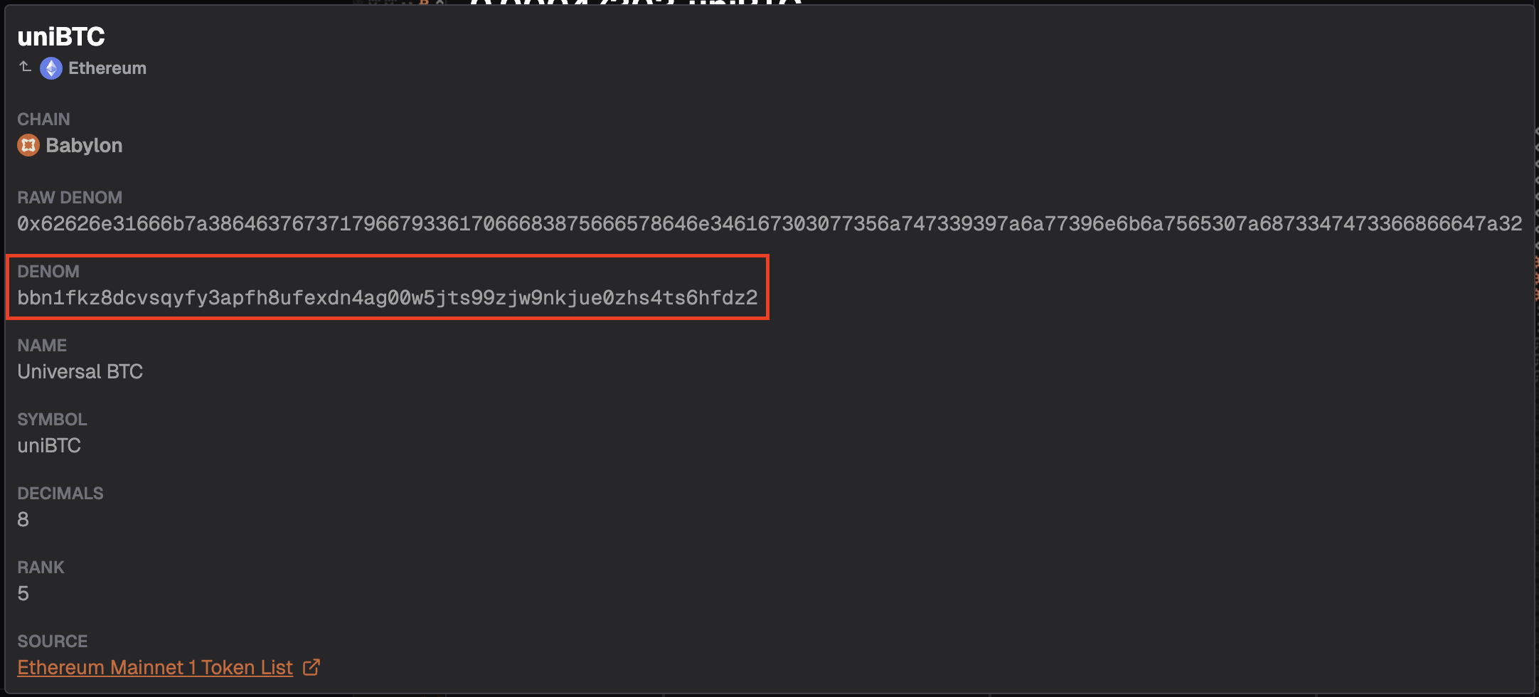 screenshot highlighting denom info pop-up
